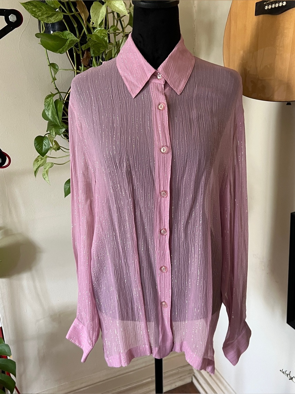 Draper’s And Damon’s Petites Pink Metallic Accent Silk Blouse Size Large Petite